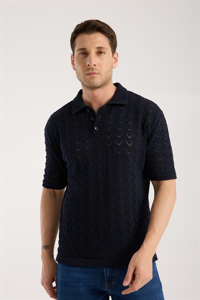 Erkek Polo Yaka Lacivert Zigzag Desenli Kısa Kollu Triko Tişört