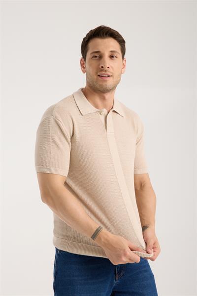 Erkek Polo Yaka Düz Dokulu Bej Kısa Kollu Triko Tişört