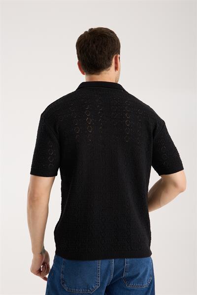 Erkek Polo Yaka Geometrik Desen Dokulu Siyah Kısa Kollu Triko Tişört