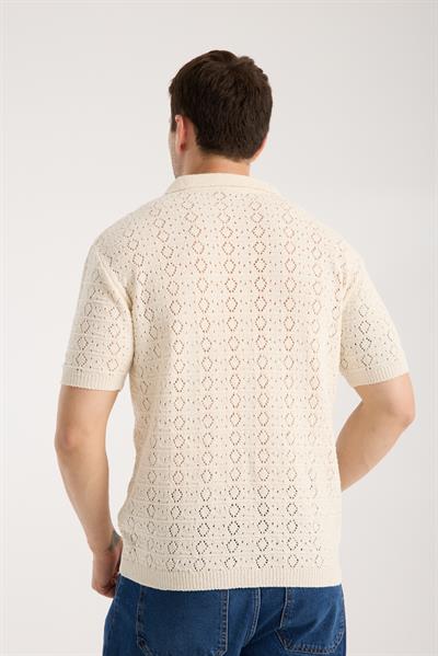 Erkek Polo Yaka Geometrik Desen Dokulu Krem Kısa Kollu Triko Tişört