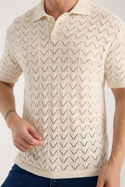 Erkek Polo Yaka Krem Zigzag Desenli Kısa Kollu Triko Tişört