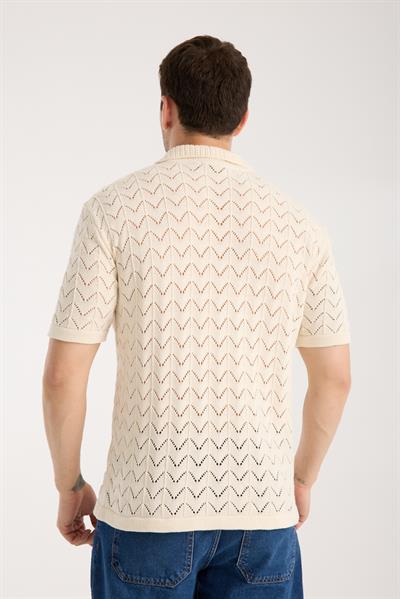 Erkek Polo Yaka Krem Zigzag Desenli Kısa Kollu Triko Tişört