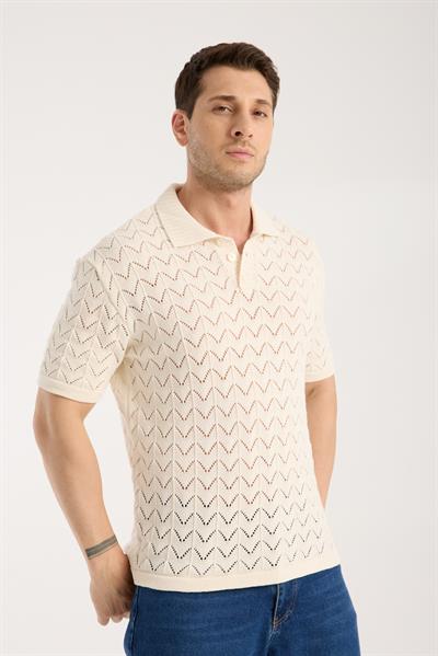 Erkek Polo Yaka Krem Zigzag Desenli Kısa Kollu Triko Tişört