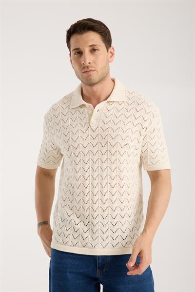 Erkek Polo Yaka Krem Zigzag Desenli Kısa Kollu Triko Tişört