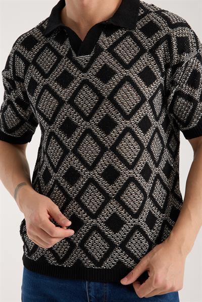 Erkek Polo Yaka Siyah Geometrik Desenli Kısa Kollu Triko Tişört