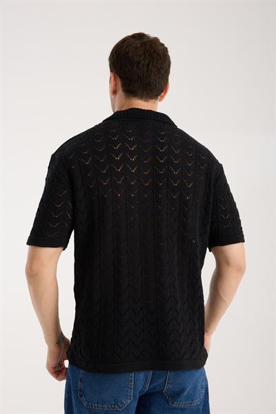 Erkek Polo Yaka Siyah Zigzag Desenli Kısa Kollu Triko Tişört