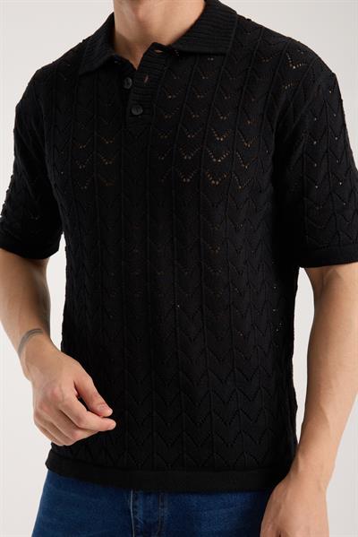 Erkek Polo Yaka Siyah Zigzag Desenli Kısa Kollu Triko Tişört