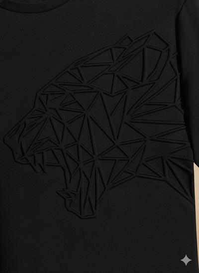 Erkek Siyah Gofre Baskılı Geometrik Kaplan Tişört | Tam Kalıp Bisiklet Yaka T-Shirt