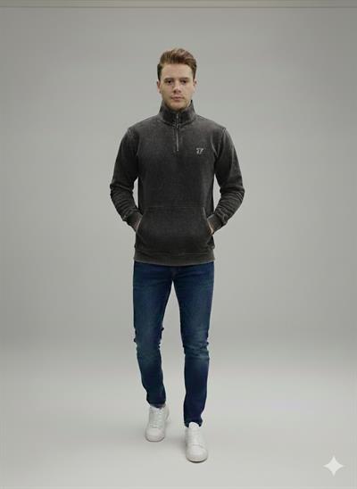Erkek Siyah Yıkamalı Efektli Yarım Fermuarlı %100 Pamuk 3 İplik Sweatshirt