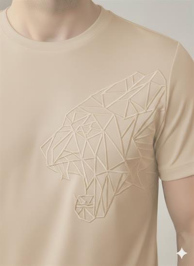 Erkek Sütlü Kahve Gofre Baskılı Geometrik Kaplan Tişört | Tam Kalıp Bisiklet Yaka T-Shirt