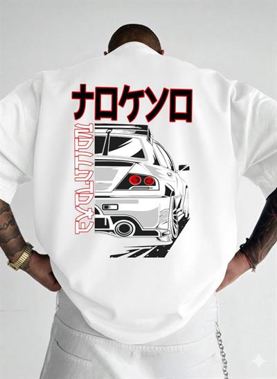 Evo Desenli Japon Stil Unisex Oversize Tişört - Premium Süprem Kumaş - Beyaz Car Design