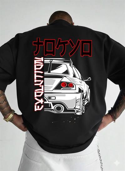 Evo Desenli Japon Stil Unisex Oversize Tişört - Premium Süprem Kumaş - Siyah Car Design