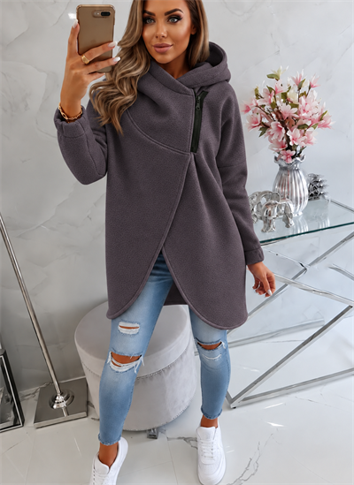 Füme Kadın Asimetrik Fermuarlı Oversize Kapüşonlu Sweatshirt – Kalın Kumaş – Rahat Günlük Tarz