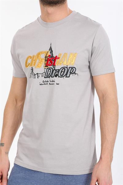 Gri Kabartmalı Logolu T-shirt