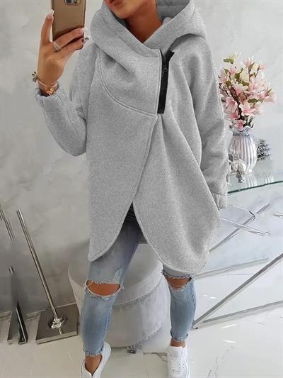 Gri Kadın 3 İplik Şardonlu Kapüşonlu Ceket – Asimetrik Fermuarlı Oversize 