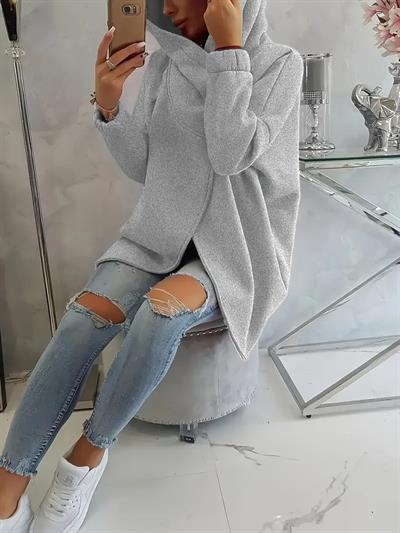 Gri Kadın Asimetrik Fermuarlı Oversize Kapüşonlu Sweatshirt – Kalın Kumaş – Rahat Günlük Tarz
