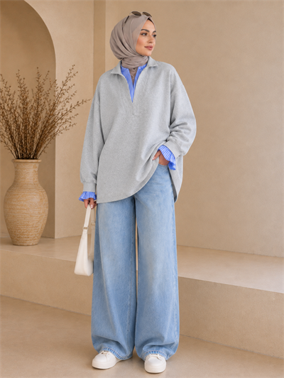 Gri Kadın Oversize Gömlek Yaka Sweatshirt – Çizgili Poplin Detaylı Rahat Kesim Uzun Kollu Sweat