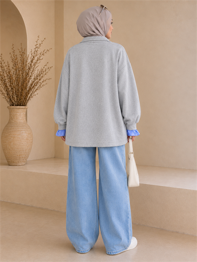 Gri Kadın Oversize Gömlek Yaka Sweatshirt – Çizgili Poplin Detaylı Rahat Kesim Uzun Kollu Sweat