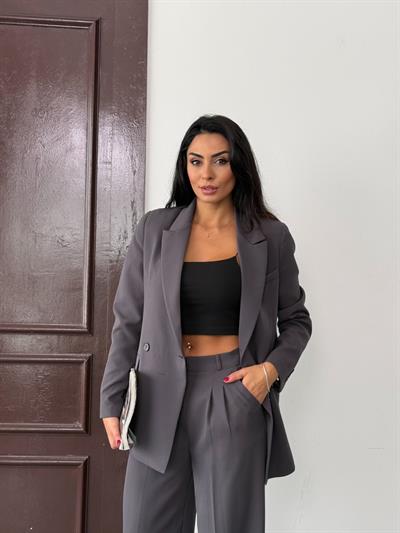 Gri Kadın Polly Viscon Takım – 1. Sınıf Kumaş Blazer Ceket & Palazzo Pantolon İkili Takım