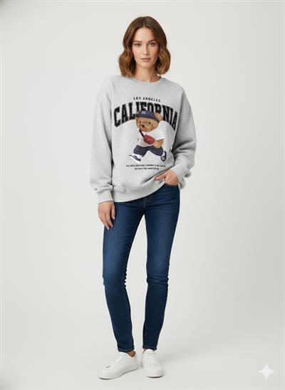 Gri Melanj Oversize Ayıcık Baskılı Kaşkorse Ribanalı 3 İplik Sweatshirt