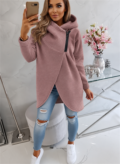 Gül Kurusu Kadın Asimetrik Fermuarlı Oversize Kapüşonlu Sweatshirt – Kalın Kumaş – Rahat Günlük Tarz