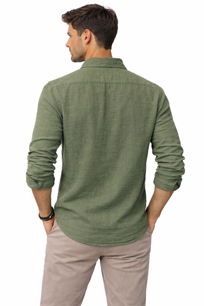Haki Erkek Yarım Oversize Keten Gömlek – Rahat Kesim, Yazlık Nefes Alan Kumaş