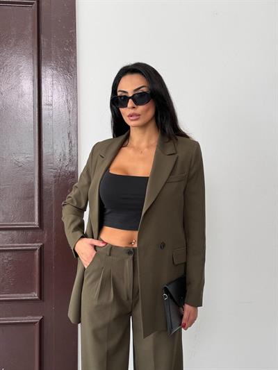Haki Kadın Polly Viscon Takım – 1. Sınıf Kumaş Blazer Ceket & Palazzo Pantolon İkili Takım