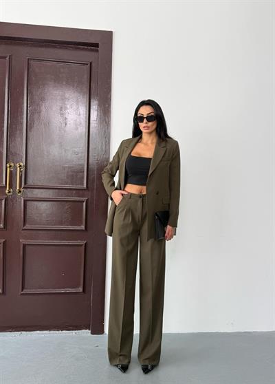 Haki Kadın Polly Viscon Takım – 1. Sınıf Kumaş Blazer Ceket & Palazzo Pantolon İkili Takım