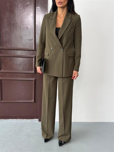 Haki Kadın Polly Viscon Takım – 1. Sınıf Kumaş Blazer Ceket & Palazzo Pantolon İkili Takım