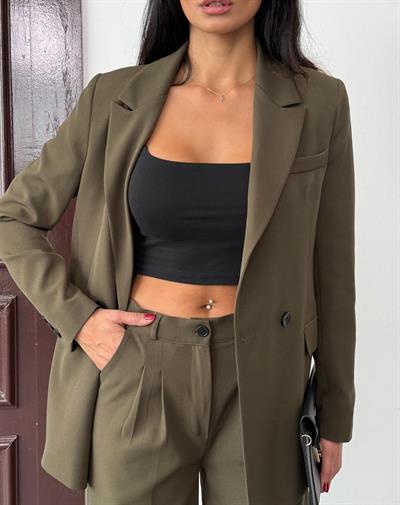 Haki Kadın Polly Viscon Takım – 1. Sınıf Kumaş Blazer Ceket & Palazzo Pantolon İkili Takım