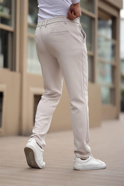 İnce Çizgili Kumaş Bej Jogger Pantolon