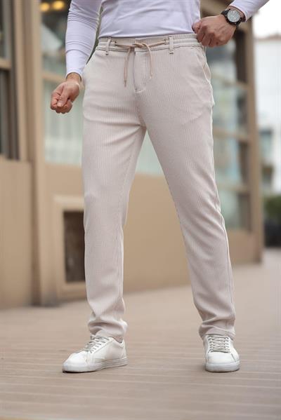İnce Çizgili Kumaş Bej Jogger Pantolon
