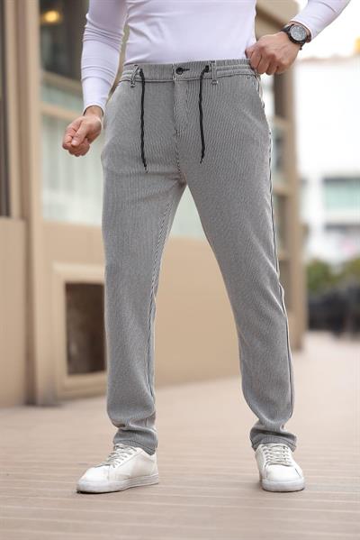 İnce Çizgili Kumaş Gri Jogger Pantolon