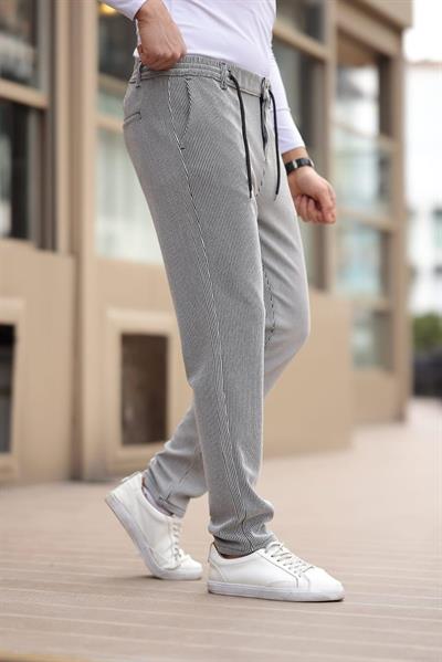 İnce Çizgili Kumaş Gri Jogger Pantolon