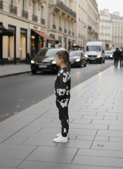 Kabartma Çiçek Baskılı Siyah Çocuk Eşofman Takımı | Premium Pamuklu Sweatshirt Takım
