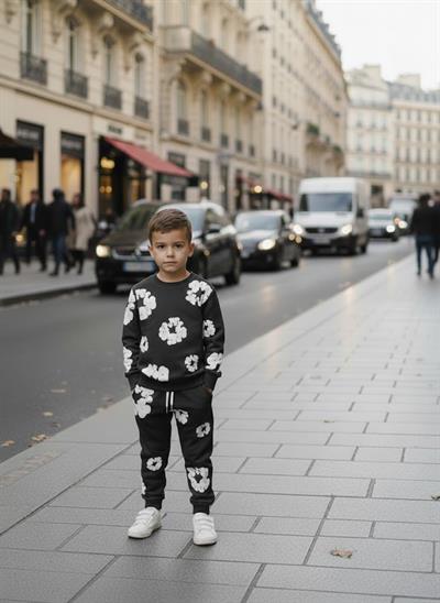 Kabartma Çiçek Baskılı Siyah Çocuk Eşofman Takımı | Premium Pamuklu Sweatshirt Takım