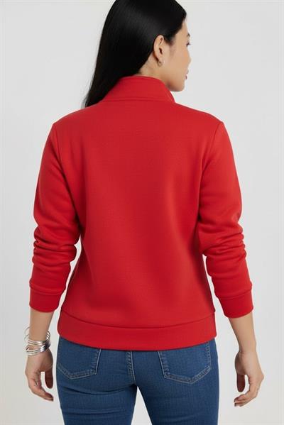Kadın 3 İplik Şardonlu Yarım Fermuarlı Kırmızı Sweatshirt – İçi Pamuklu Kalın Kumaş, Tam Kalıp Rahat Model