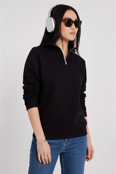 Kadın 3 İplik Şardonlu Yarım Fermuarlı Siyah Sweatshirt – İçi Pamuklu Kalın Kumaş, Tam Kalıp Rahat Model