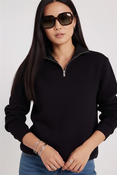 Kadın 3 İplik Şardonlu Yarım Fermuarlı Siyah Sweatshirt – İçi Pamuklu Kalın Kumaş, Tam Kalıp Rahat Model