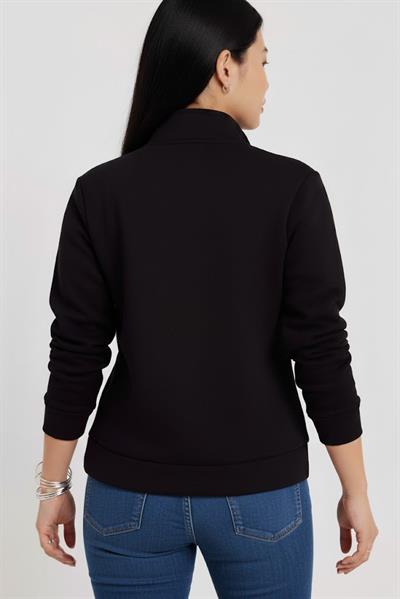 Kadın 3 İplik Şardonlu Yarım Fermuarlı Siyah Sweatshirt – İçi Pamuklu Kalın Kumaş, Tam Kalıp Rahat Model