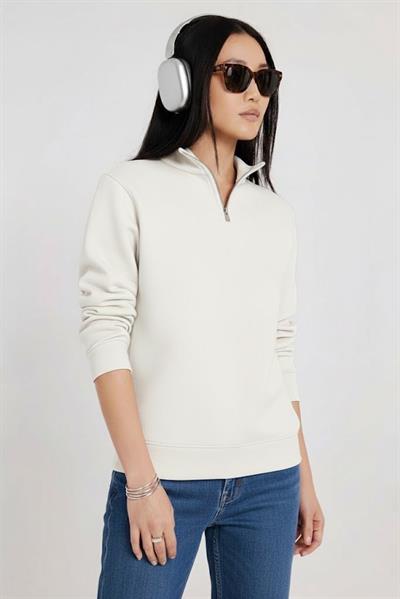 Kadın 3 İplik Şardonlu Yarım Fermuarlı Krem Sweatshirt – İçi Pamuklu Kalın Kumaş, Tam Kalıp Rahat Model