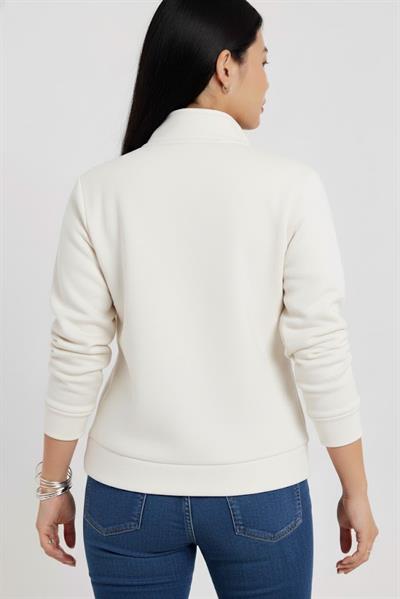 Kadın 3 İplik Şardonlu Yarım Fermuarlı Krem Sweatshirt – İçi Pamuklu Kalın Kumaş, Tam Kalıp Rahat Model