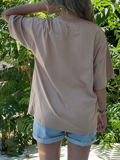 Kadın Bej Baskılı Oversize Tişört – Kadın Desenli , Pamuklu Rahat Kalıp