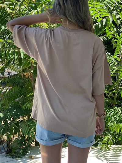 Kadın Bej Baskılı Oversize Tişört – You Desenli , Pamuklu Rahat Kalıp