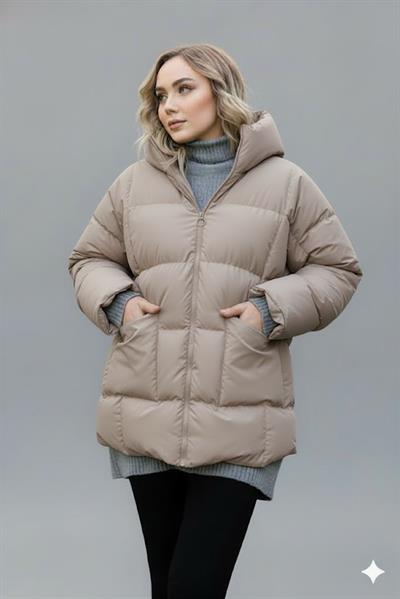 Kadın Bej Kapüşonlu Şişme Mont – Oversize Kışlık Kalın Mont –  Soğuk Geçirmez Şişme Mont