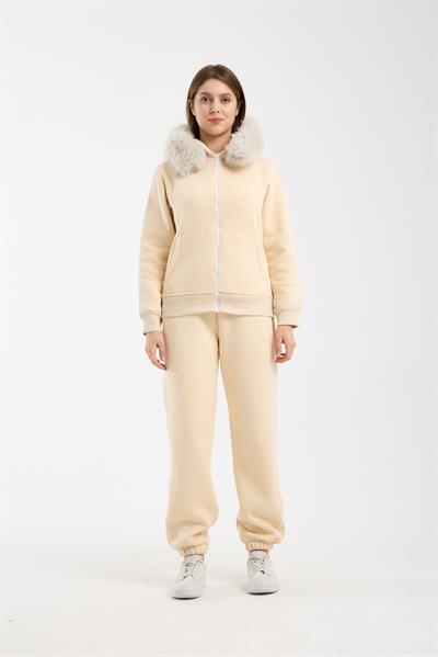 Kadın Bej Kapüşonu Kürklü (Çıkarılabilir) Fermuarlı Sweatshirt ve Eşofman Altı Takım