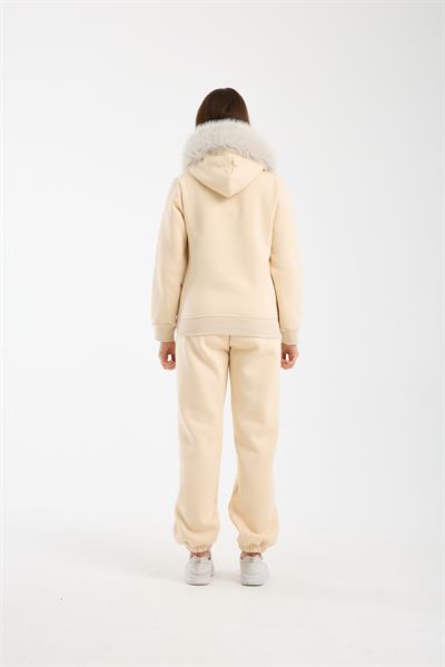 Kadın Bej Kapüşonu Kürklü (Çıkarılabilir) Fermuarlı Sweatshirt ve Eşofman Altı Takım