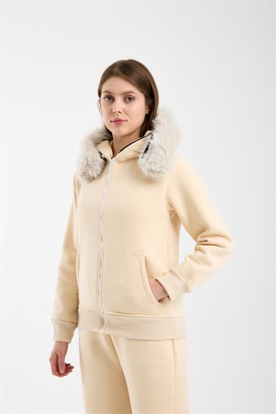 Kadın Bej Kapüşonu Kürklü (Çıkarılabilir) Fermuarlı Sweatshirt ve Eşofman Altı Takım