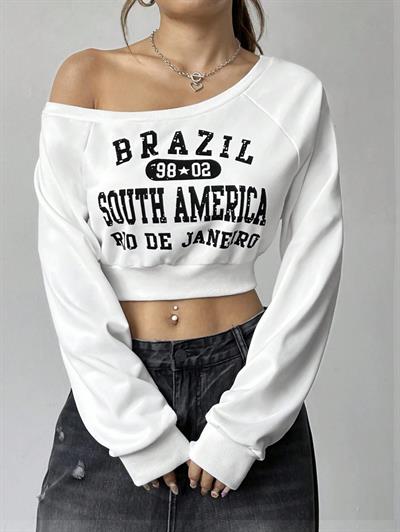 Kadın Beyaz Brazil South America Baskılı Omzu Açık Crop Sweatshirt