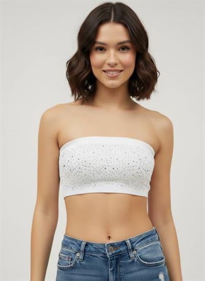 Kadın Beyaz Taş Detaylı Straplez Crop Top – Esnek Kumaş, Işıltılı Bant Büstiyer